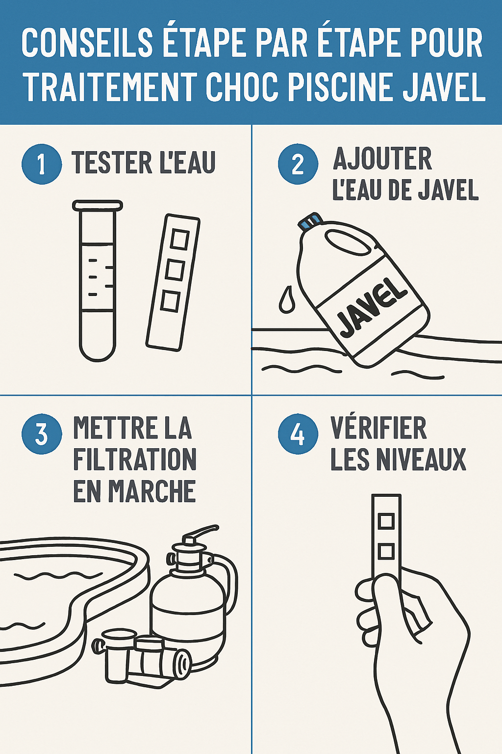 apprenez comment traiter l’eau de votre piscine en seulement 24h grâce à la javel, sans avoir recours à des produits compliqués. conseils pratiques et solutions simples pour une eau claire et propre rapidement.