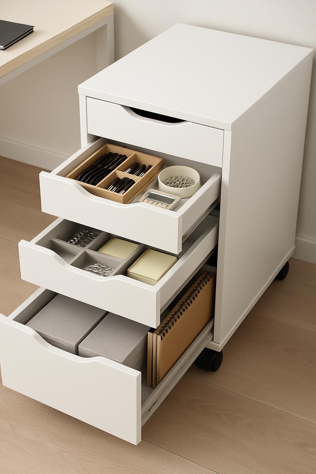 meuble à roulette 3 tiroirs ouverts