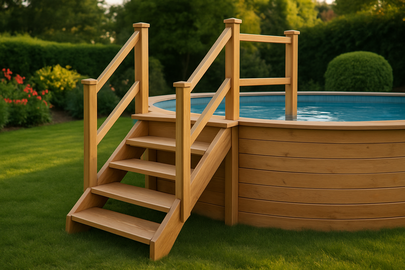 découvrez comment choisir l'escalier en bois idéal pour votre piscine hors sol et sublimer votre jardin en toute sécurité.